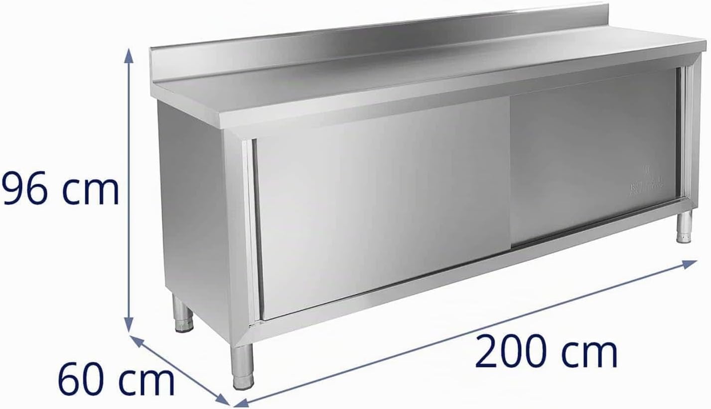 Meuble-bas Inox Rangement Cuisine RCAT-200/60-C (200x60x96cm, deux portes coulissantes, capacité de charge 160 kg, pieds ajustables)