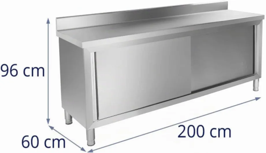Meuble-bas Inox Rangement Cuisine RCAT-200/60-C (200x60x96cm, deux portes coulissantes, capacité de charge 160 kg, pieds ajustables)