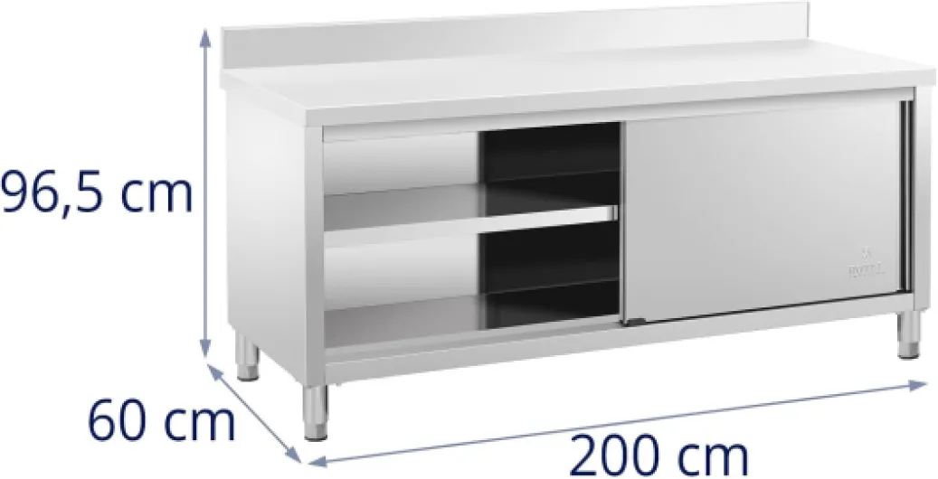 RCSSCB-200X60-E-B Meuble Bas en INOX Plan De Travail Cuisine Armoire avec Portes Coulissantes Adossé avec Dosseret (Capacité de 600 kg, Acier Inoxydable, 1 Tablette)
