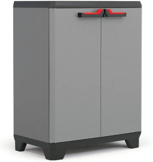 Armoire Basse STILO - Armoire de Rangement Verrouillable - Étagère et Pieds Ajustables, Poignée Soft Touch - Cuisine, Garage, Atelier, Placard - 68 x 39 x 90 cm - Gris/Noir/Rouge