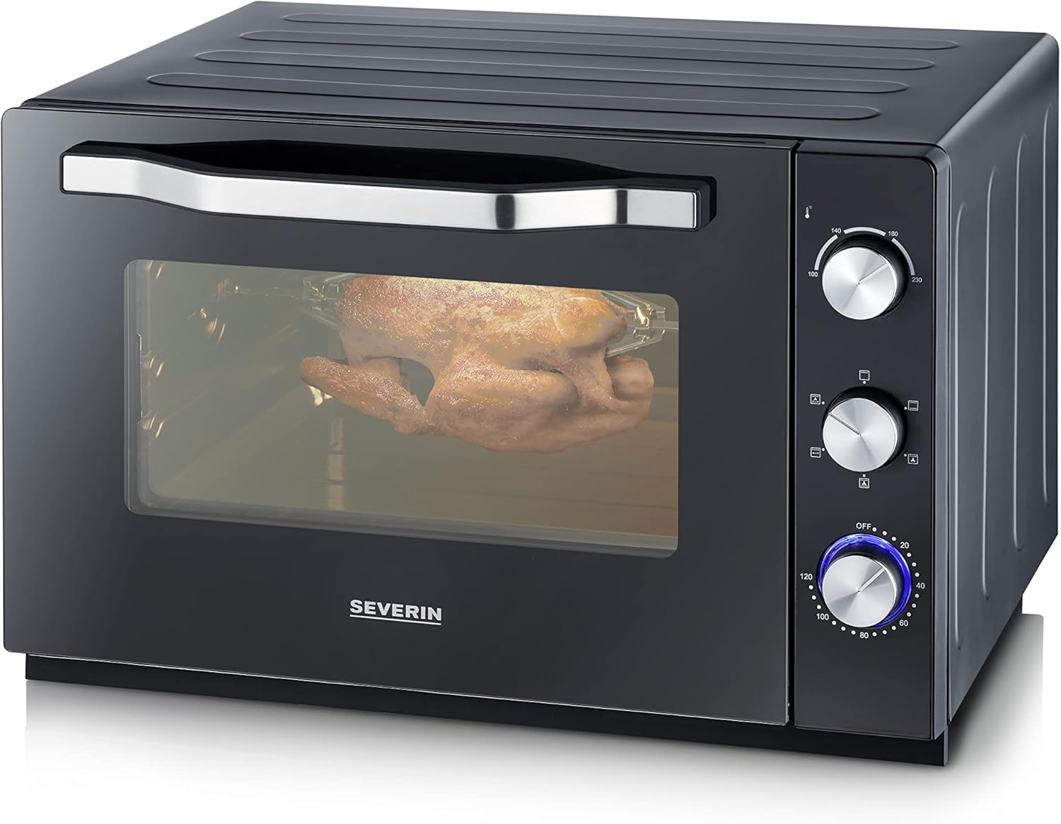 SEVERIN Four posable XXL à Chaleur Tournante 60 L avec pierre à pizza et tournebroche 2 200 W design simple et élégant, Four électrique avec minuteur 120 min, Noir/Inox, TO 2073 Litrage 60 L Puissance 2 200 W