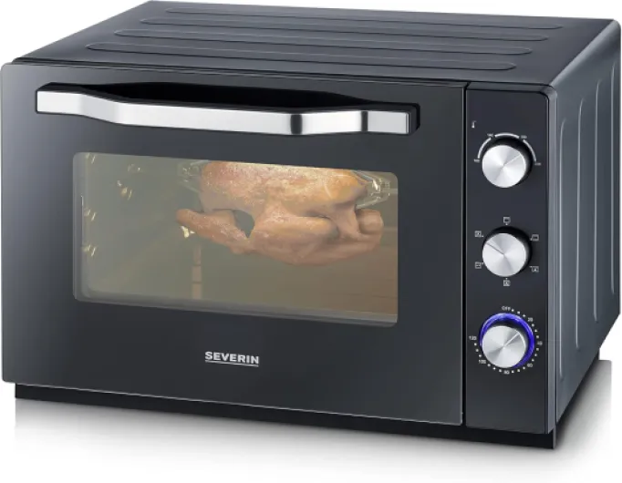 SEVERIN Four posable XXL à Chaleur Tournante 60 L avec pierre à pizza et tournebroche 2 200 W design simple et élégant, Four électrique avec minuteur 120 min, Noir/Inox, TO 2073 Litrage 60 L Puissance 2 200 W