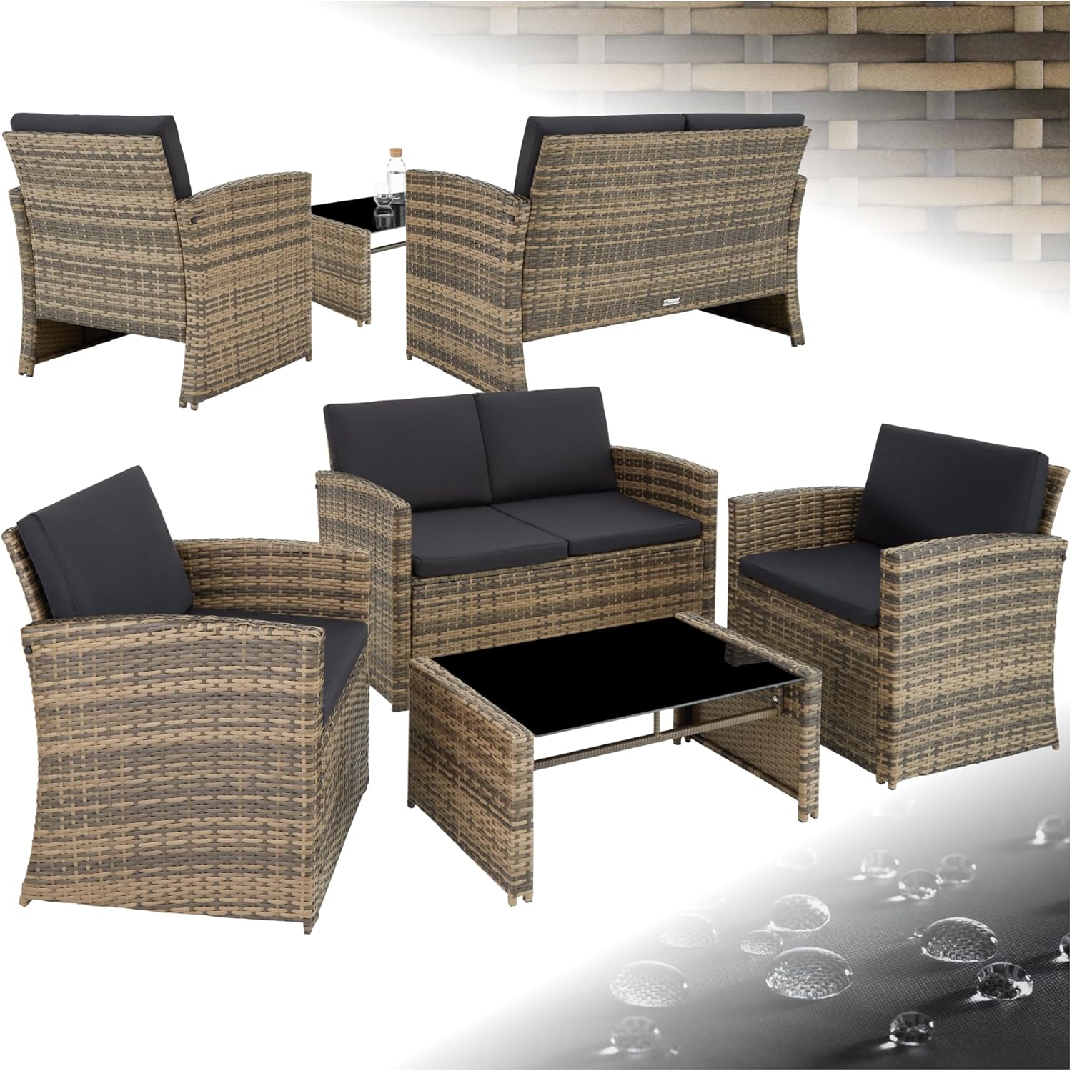 TecTake® Salon de Jardin Exterieur en Résine ressée 4 Places Table de Jardin, 1 Canapé, 2 Fauteuils, Coussins Inclus, Mobilier de Jardin - Marron Naturel/Gris foncé