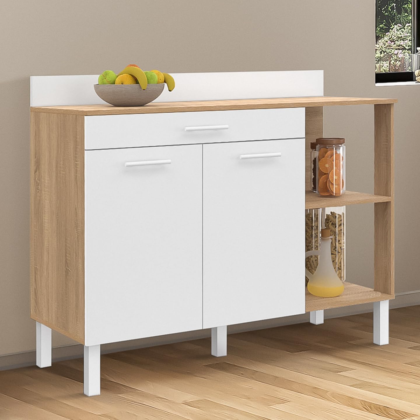 Buffet Bas de Cuisine 120 cm CINA Plan de Travail H.83 cm 2 Portes + tiroir façon hêtre et Blanc