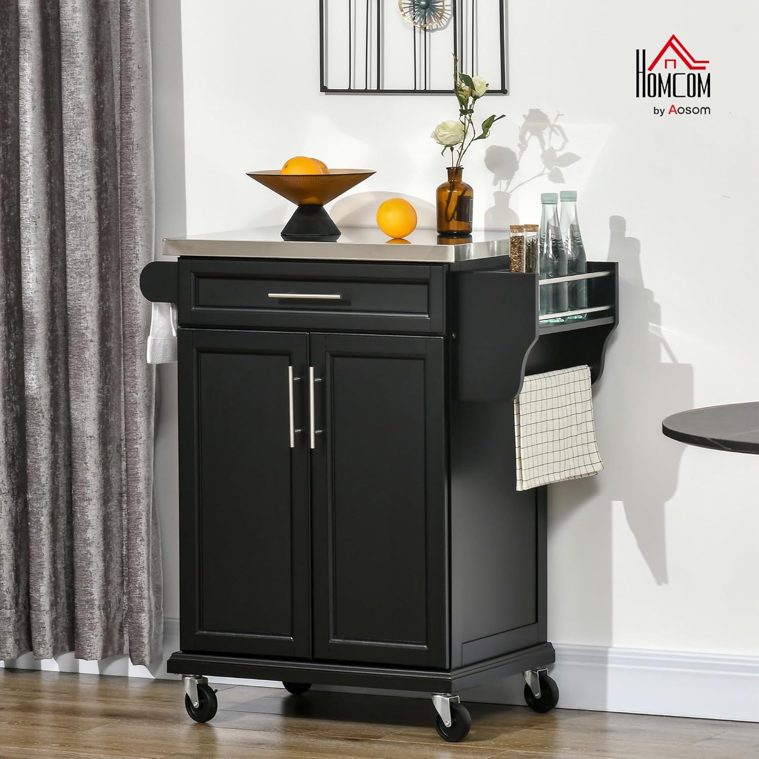 Dessert Cuisine desserte à roulettes îlot Central Cuisine avec Plateau en Acier INOX, étagère réglable, tiroir, Porte-épices, Porte-Couteaux, 83,5 x 45,7 x 90,5 cm, Noir