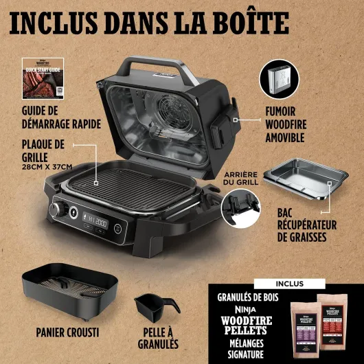 Woodfire barbecue électrique, grill, fumoir & air fryer, barbecue extérieur 7 en 1, grill, air fryer, fumer, rôtir, four, résistant aux intempéries, antiadhésif, portatif, gris/noir OG701EU Woodfire Grill