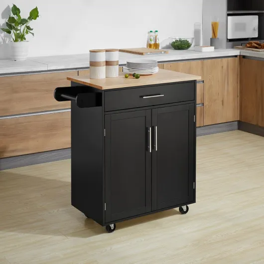 Desserte de Cuisine sur roulettes Chariot de Service Ilot de Cuisine avec tiroir de Placard et Porte-torchons - 83l x 45P x 91,5H cm Noir