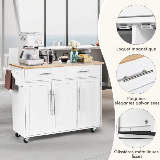 Desserte de Cuisine à roulettes, Chariot de Service Imperméable avec 2 Tiroirs, Étagères Réglables, Porte-Serviettes, Couteau, 3 Portes, Poignée Inoxydable, 46 x 122 x 93 cm, Blanc