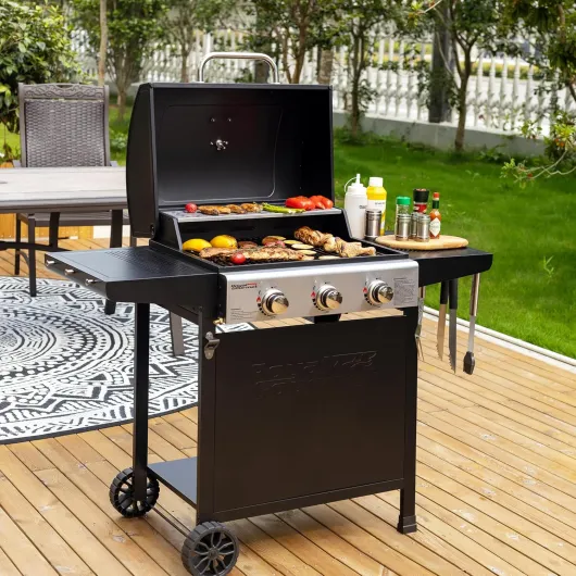 Barbecue Gaz sur Chariot, 3 Brûleurs BBQ Gaz avec Capot, Puissance 9kW Propane, 2 Grilles en Émaillée, 2 Table Latérales, Thermomètre Intégré, Adapté pour Jardin et Camping
