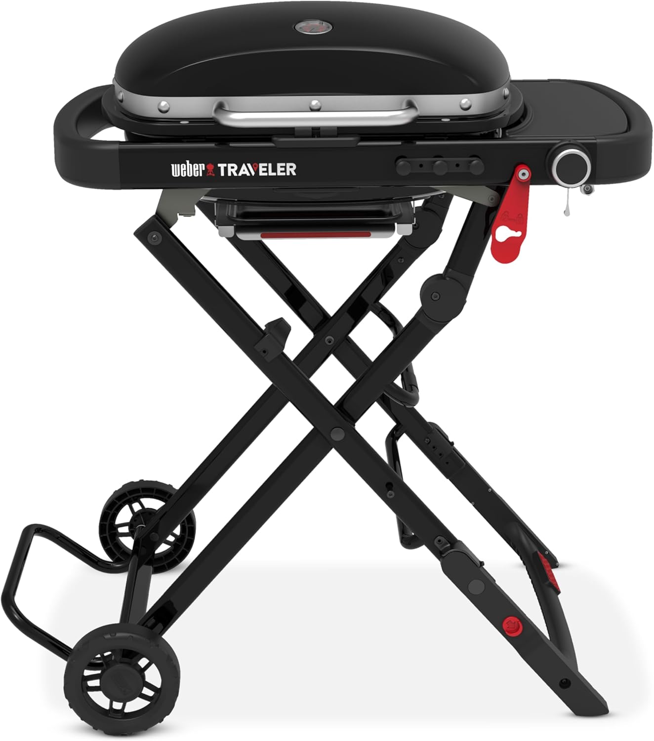 Weber barbecue à gaz Traveler Compact/Conception pliable et portable avec roues, verrouillage automatique du couvercle, couvercle avec thermomètre, 1 brûleur, surface de cuisson 52 x 36 cm, noir