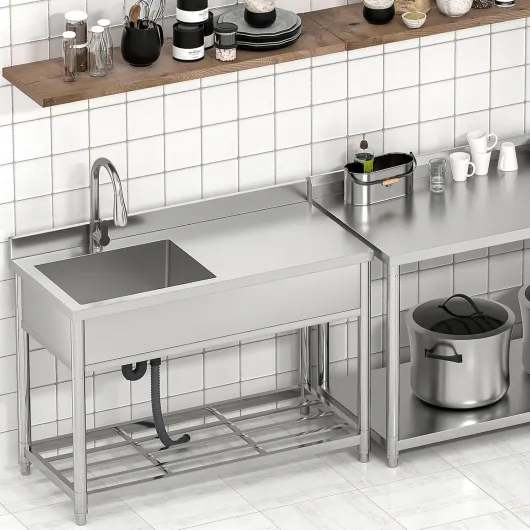 Évier Autoportant en Acier Inox avec Table de Travail, Évier de Cuisine Commercial avec Robinet Extensible, Évier Professionnel pour Extérieur, Cuisine, Garage, Restaurant, 55P x 120L x 94H cm