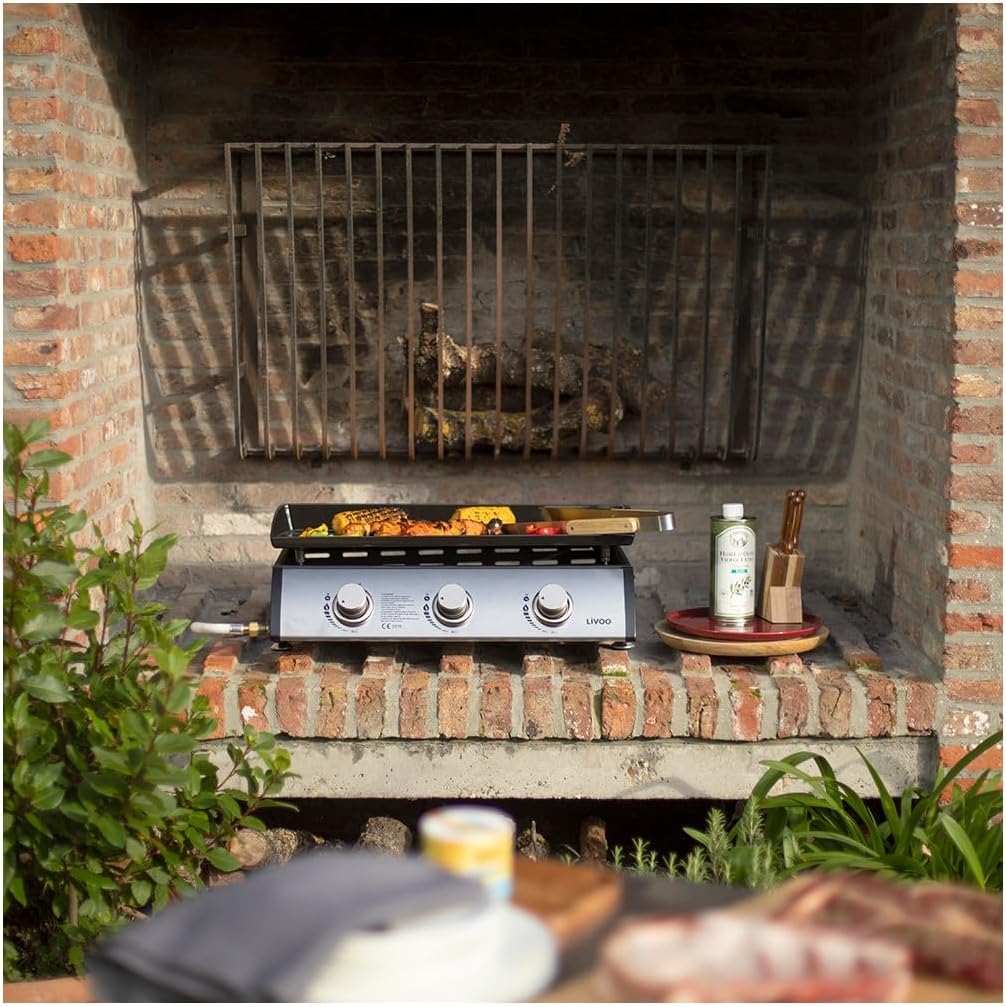 Plancha Gaz 7.5kw Plaque Acier Émaillée 61x38cm - DOC277 Noir et Gris Métal 3 burners