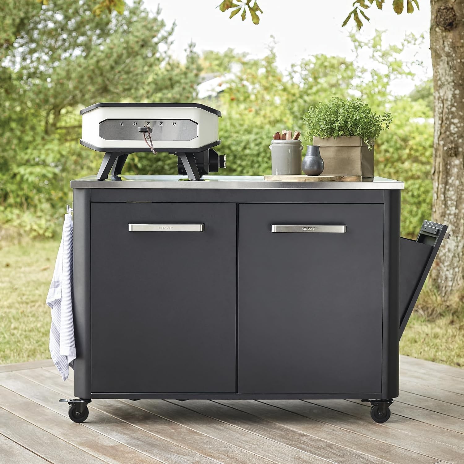 ® Cuisine extérieure 120 - Plan de Travail en Acier Inoxydable - Chariot Mobile avec roulettes Ø75 mm - Poubelle intégrée - 2 Portes - Support pour Bouteille de gaz, Noir 2 portes B127 x T60 x H90 cm