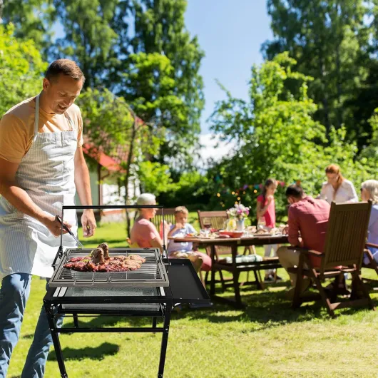 Barbecue à charbon de bois avec chariot, grille de cuisson portable démontable carrée résistante en plein air, grille de cuisson rotative à 360 degrés avec roues pour camping, jardin, barbecue Charcoal Grill with Cart