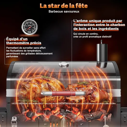 Barbecue Charbon de Bois XXL, Barbecue à Charbon, Barbecue Portable pour Jardin/Camping/Extérieur, Inclus Grille de Barbecue 71 x 43 cm/Thermomètre/Pince de Cuisine/Gants de Barbecue Noir Classique