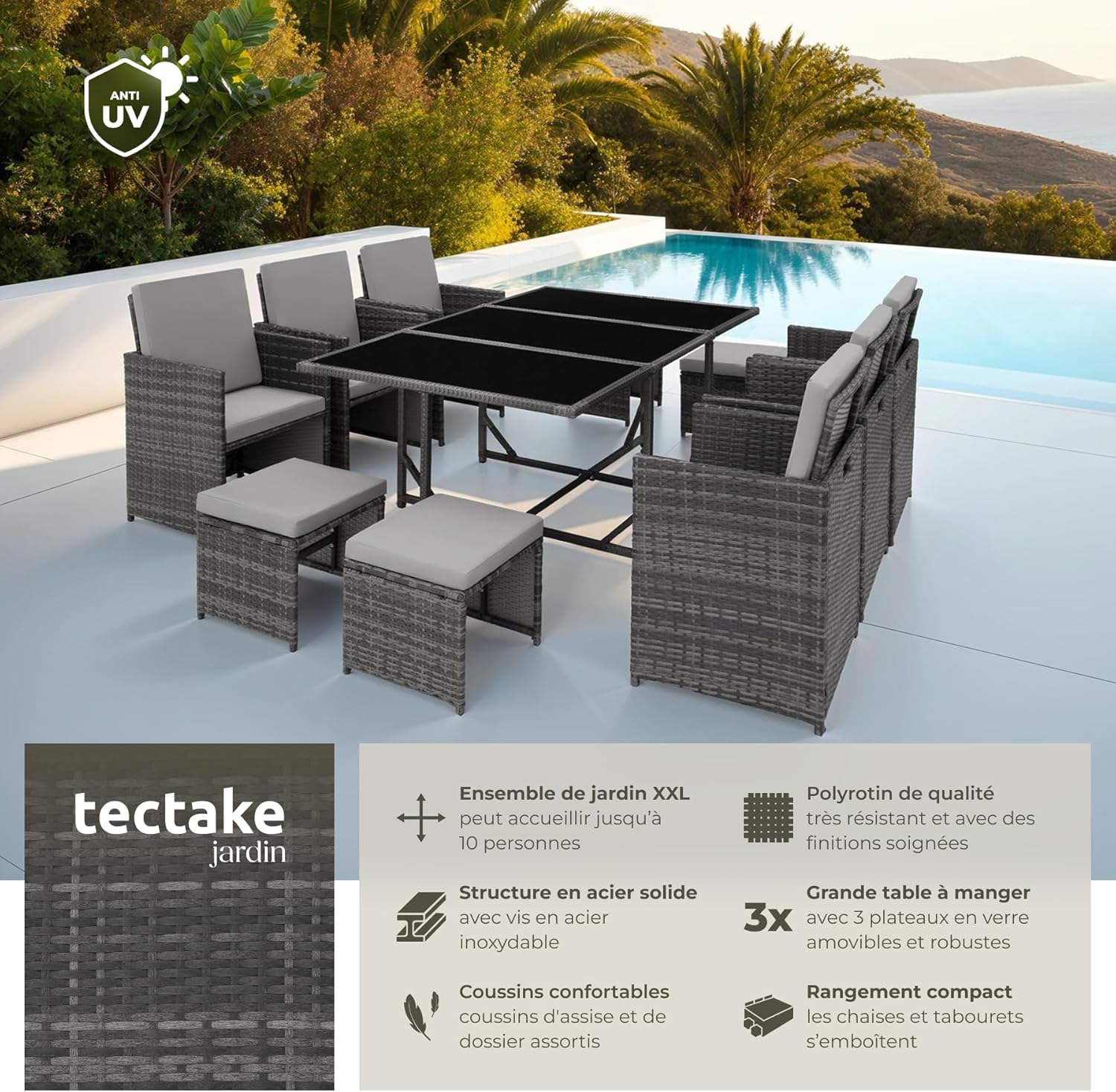 Tectake® Salon de Jardin Exterieur en Résine Tressée Poly Rotin Salon de Jardin Table 10 Personnes 6 Fauteuil en rotin 4 Tabouret Pouf Encastrable avec Housse de Protection, Entretien Facile Gris