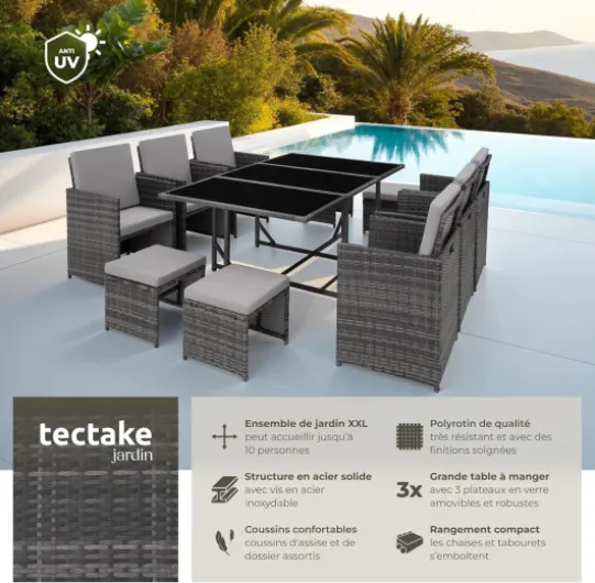 Tectake® Salon de Jardin Exterieur en Résine Tressée Poly Rotin Salon de Jardin Table 10 Personnes 6 Fauteuil en rotin 4 Tabouret Pouf Encastrable avec Housse de Protection, Entretien Facile Gris