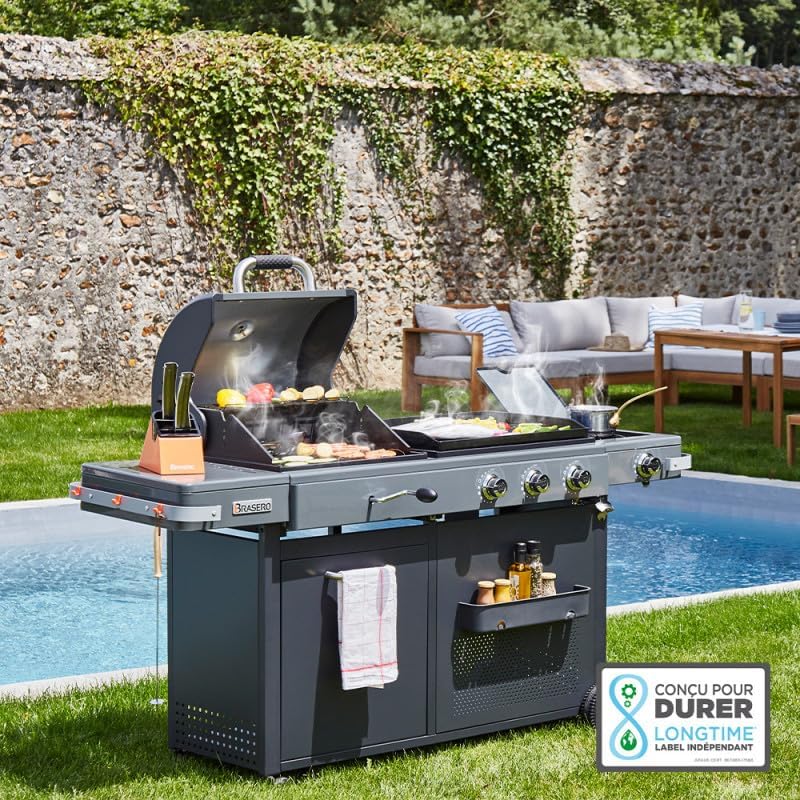 BY FAVEX – Bi‑Energy Gun Metal – Plancha gaz & barbecue charbon avec brûleur latéral – 12,95 kW – Plaque fonte émaillée 60 x 42 cm – Grille fonte – Jusqu'à 14 convives – Certifié LONGTIME