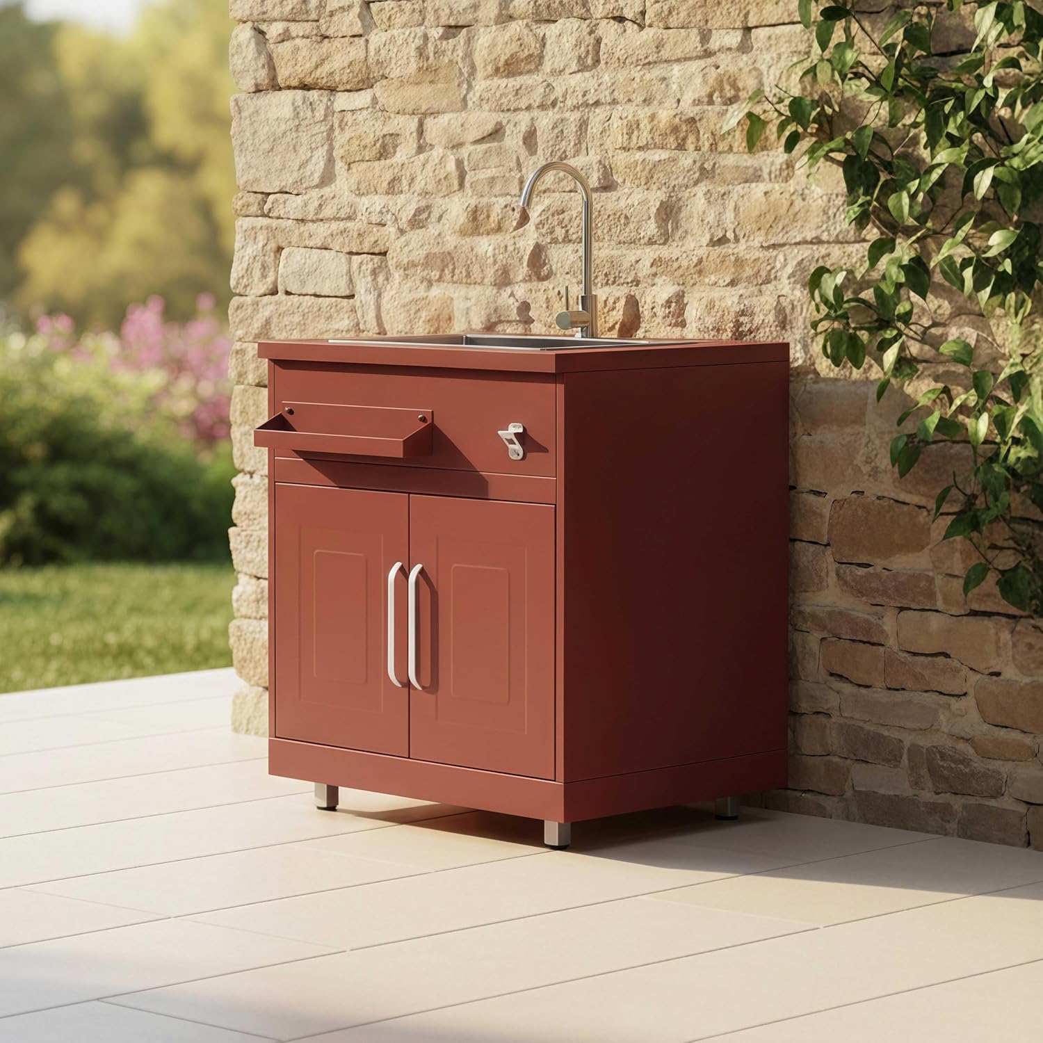 Oviala Meuble évier 2 Portes pour Cuisine extérieure Brique