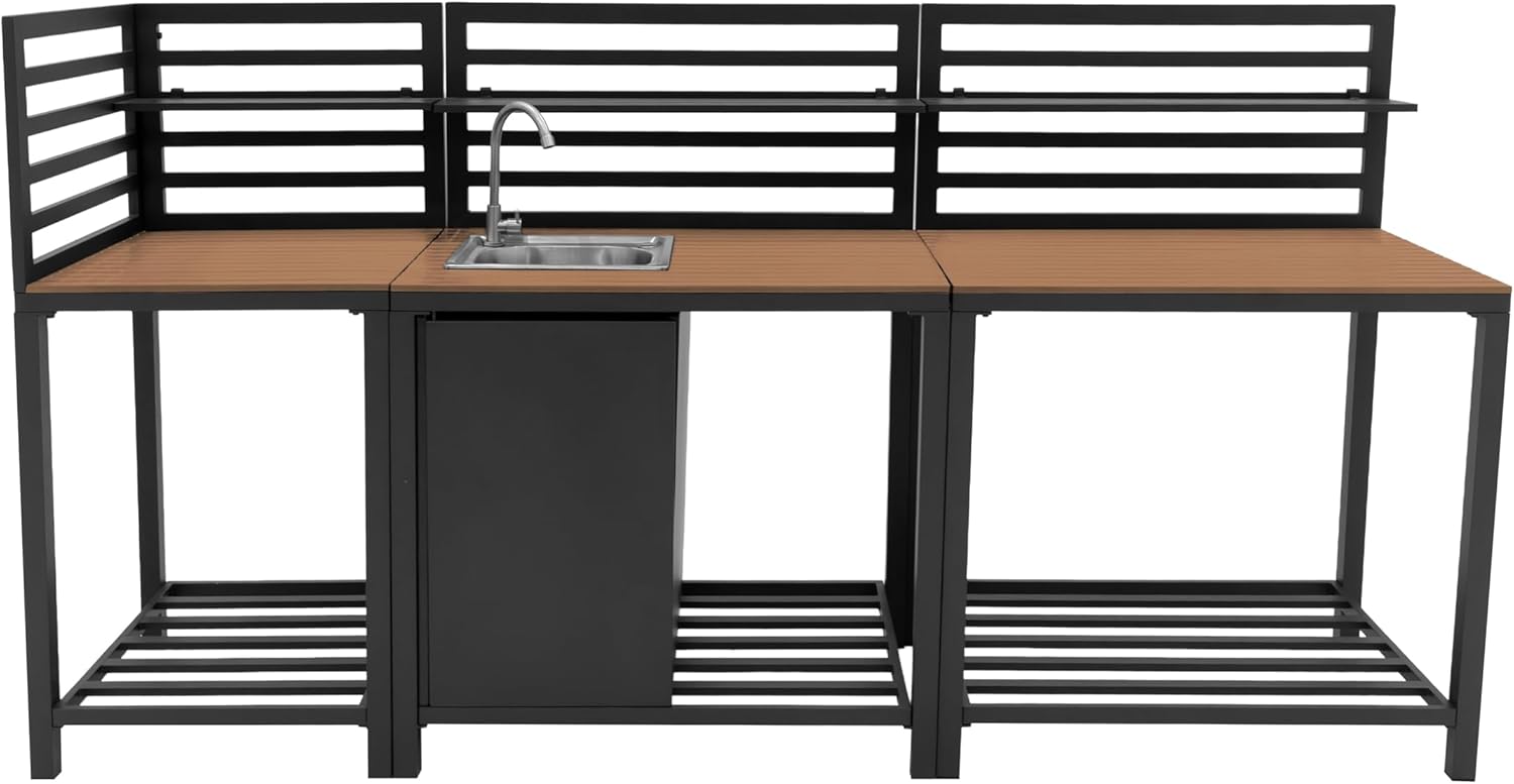 Monster Shop Ensemble de Cuisine Extérieure en Aluminium Anthracite Comptoir en Polywood Configuration Modulaire Unité d’Angle Évier & Robinet en INOX Rangement Étagères Placard Zone de Préparation Bois