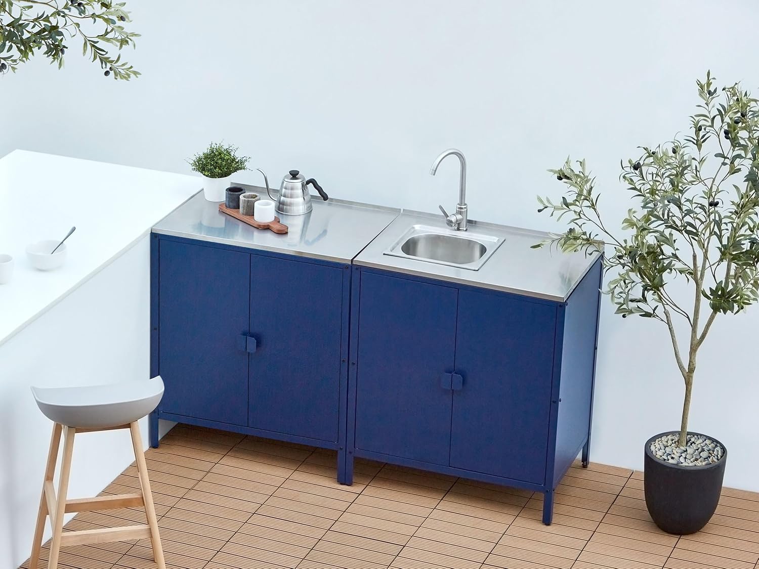 Commode de Jardin Cuisine Extérieure Noire avec 2 Portes et Evier en Acier Bleu Vilama