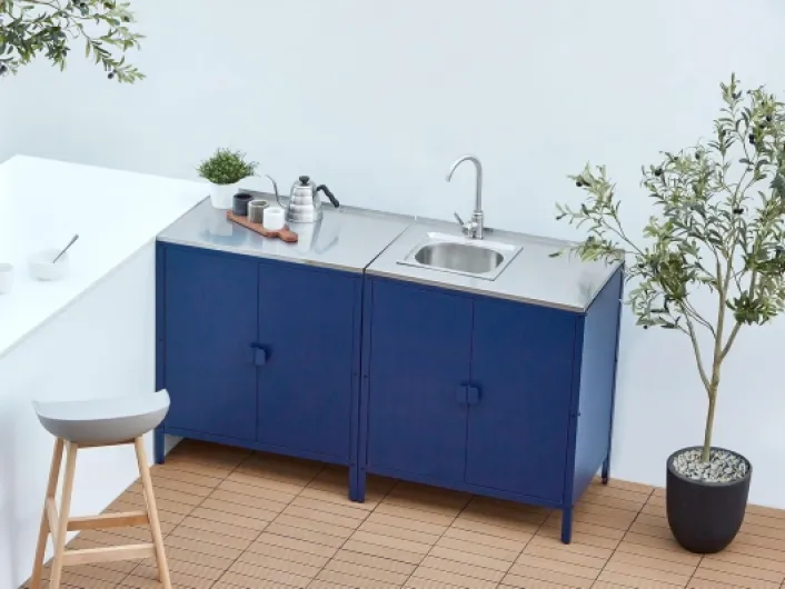 Commode de Jardin Cuisine Extérieure Noire avec 2 Portes et Evier en Acier Bleu Vilama