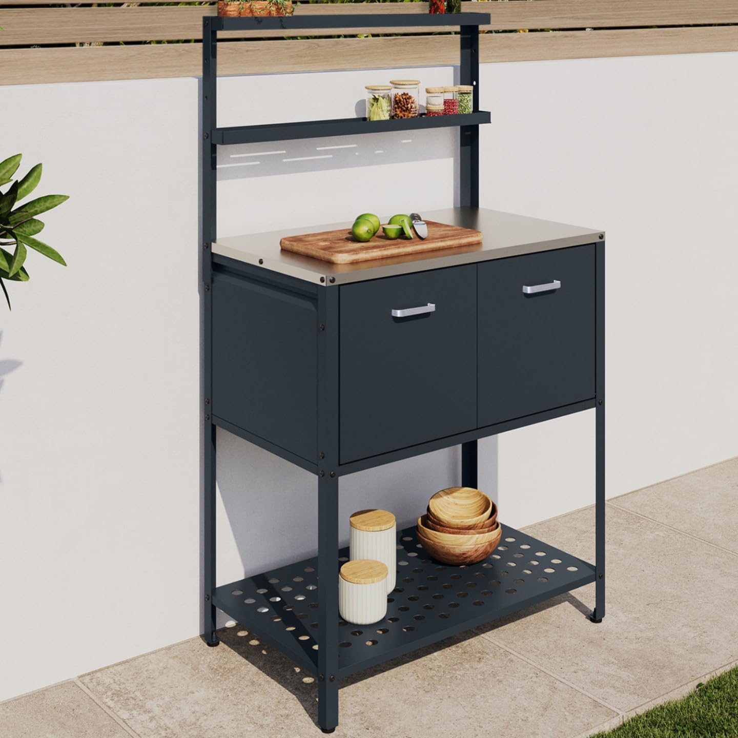 Meuble de Cuisine extérieure Pareo 2 Portes et 2 étagères suspendues en Acier Gris Anthracite