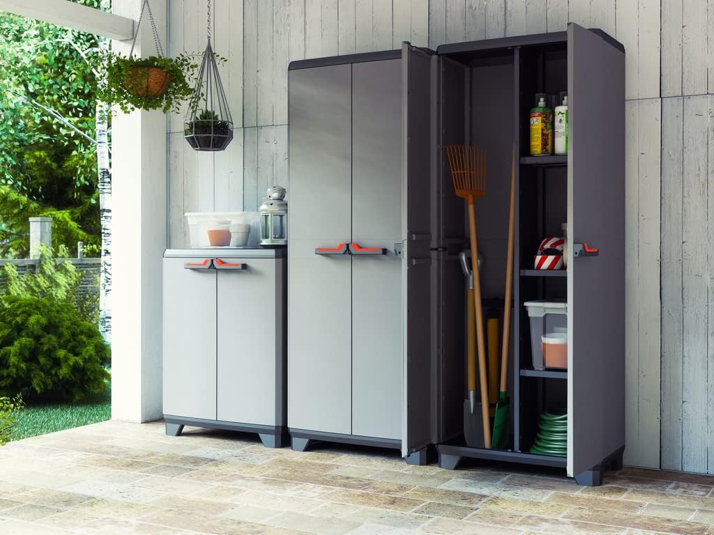 Armoire Haute STILO - Armoire de Rangement Verrouillable - Étagères et Pieds Ajustables, Poignée Soft Touch - Cuisine, Garage, Atelier, Placard - 68 x 39 x 173 cm - Gris/Noir/Rouge