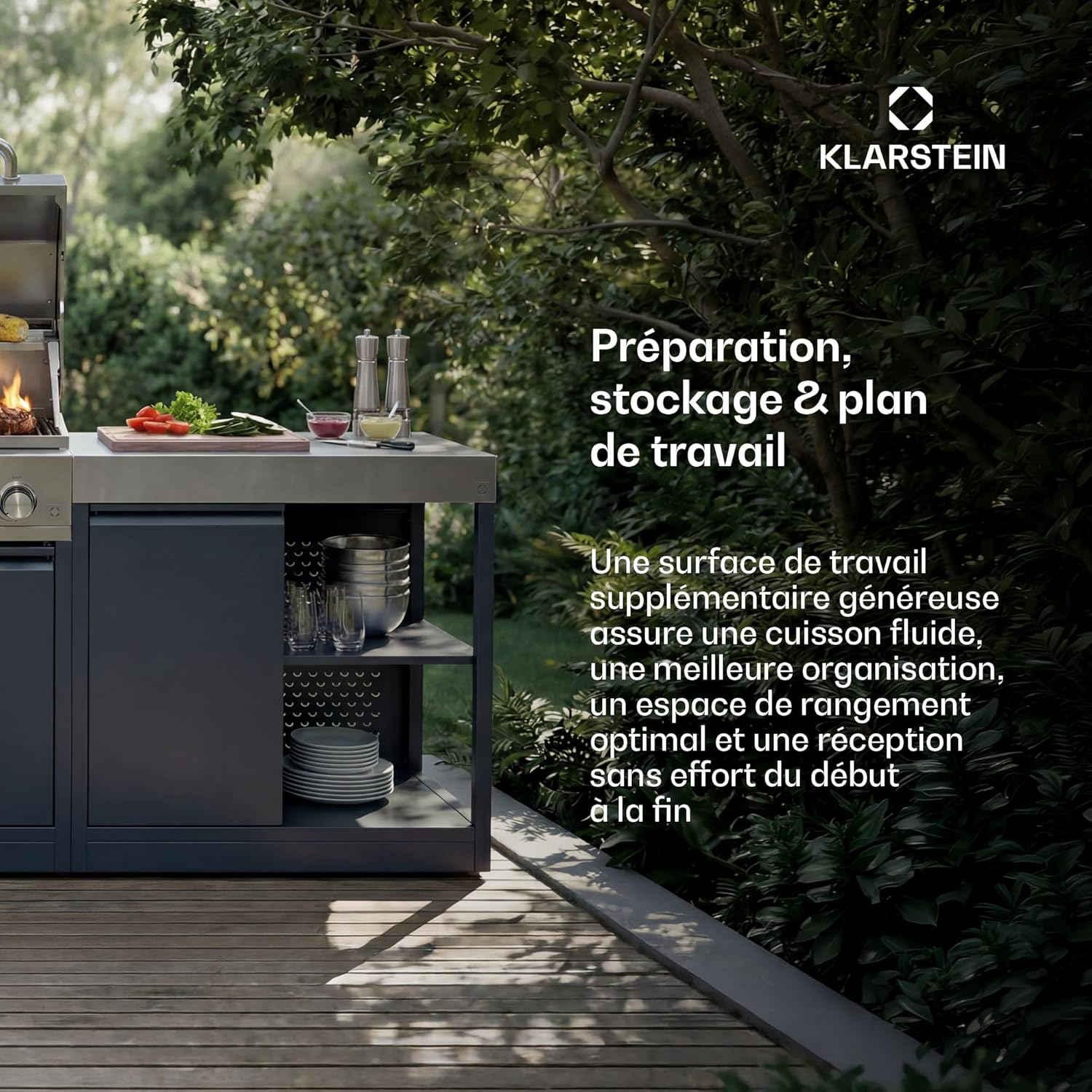 WaldChef Meuble de rangement – Meuble de cuisine extérieure avec plan de travail en acier inoxydable, structure en acier thermolaqué, étagère et porte