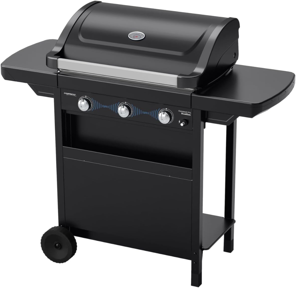 Barbecue à gaz Compact 3L Dualgas - 7,5 kW - Chariot gril à gaz avec 3 brûleurs - Système double alimentation : gaz naturel et GPL - Couvercle avec thermomètre - Plateau de collecte de