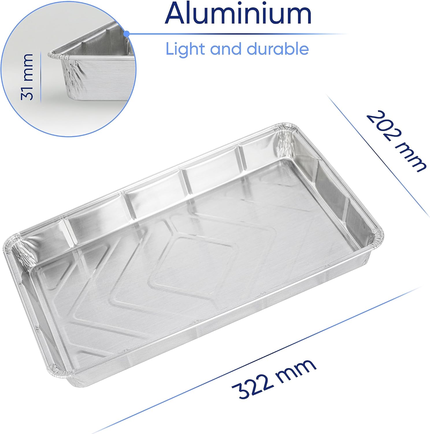 Barquettes Aluminium 32x20x3cm - Lot de 50 - Barquettes Jetables pour Cuisson, BBQ, Congélation, Four & Friteuse à air - Aluminium Alimentaire Recyclable et Réutilisable 50 Trays