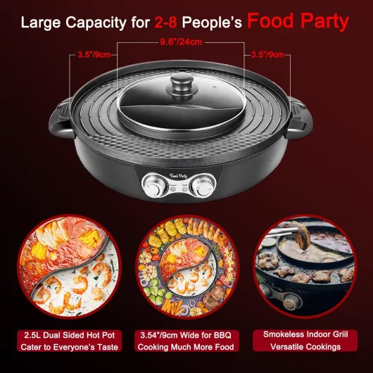 Food Party Appareil Fondue Chinoise Hot Pot Electrique et Barbecue Coréen Intérieur électrique 220V 2200W 2 in 1 Hotpot Wok BBQ Raclette sans Fumée pour 2 à 8 Personnes Hotpot Grill 2.0 Détachable