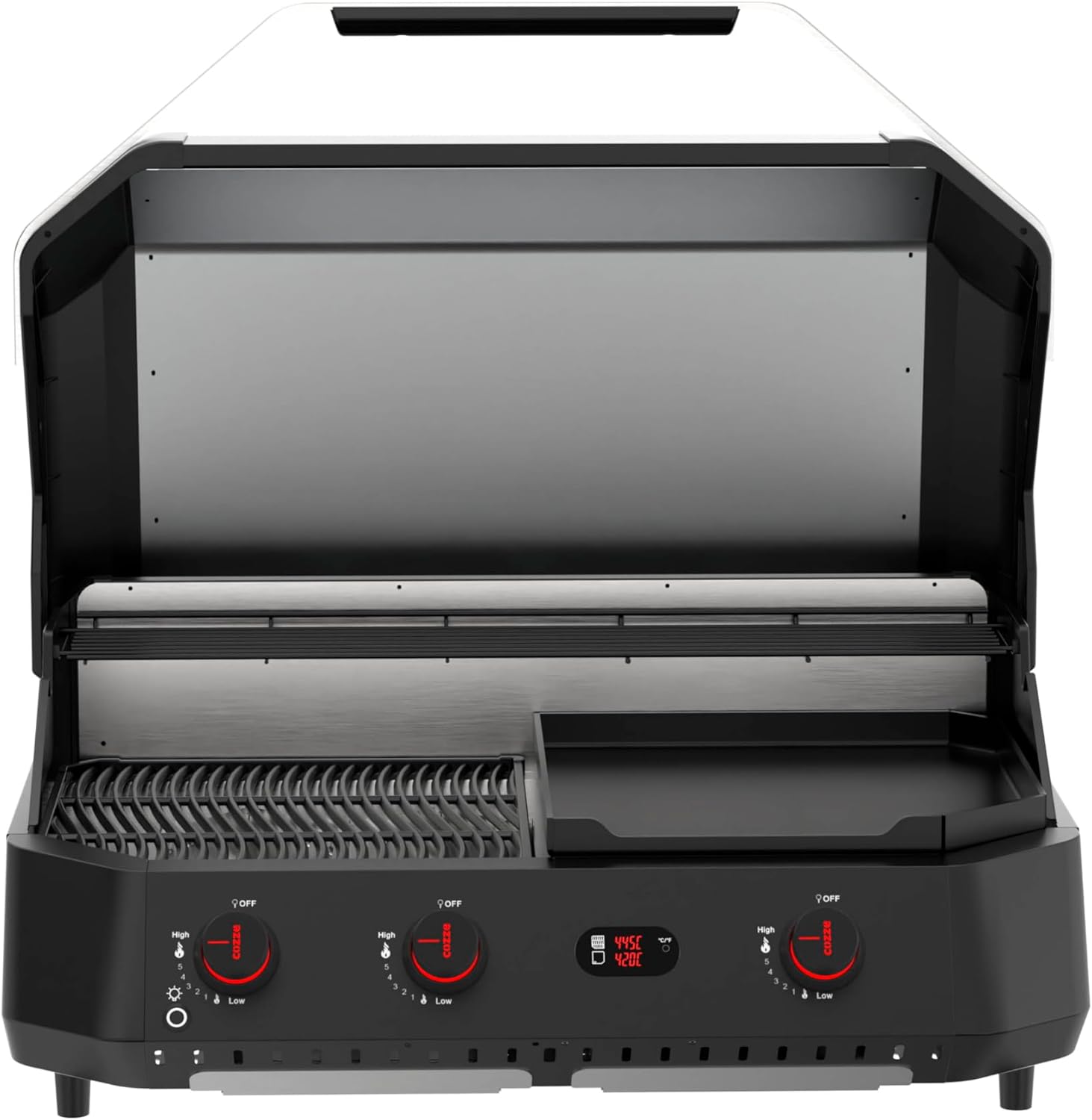 ® G-800 COMBO Barbecue Gaz + Plancha 30 mbar, 3 brûleurs 9,5 kW, grille & plaque en fonte émaillée, 2 thermomètres numériques, cuisine en extérieur, Noir