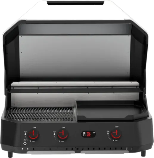 ® G-800 COMBO Barbecue Gaz + Plancha 30 mbar, 3 brûleurs 9,5 kW, grille & plaque en fonte émaillée, 2 thermomètres numériques, cuisine en extérieur, Noir