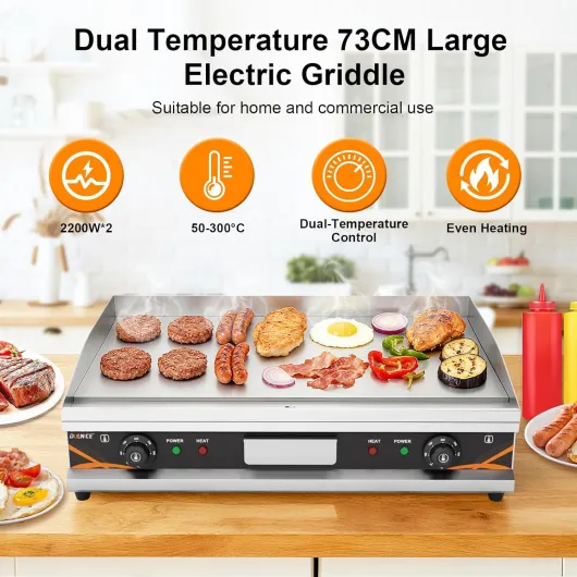 Plancha Électrique Professionnelle en Acier Inoxydable Plaque de gril Surface de Gril Lisse 73 * 47cm Commerciale Plaque de Cuisson Grill, Double Prises 4400W, Température Réglable 50-300 °C 73CM – Surface lisse