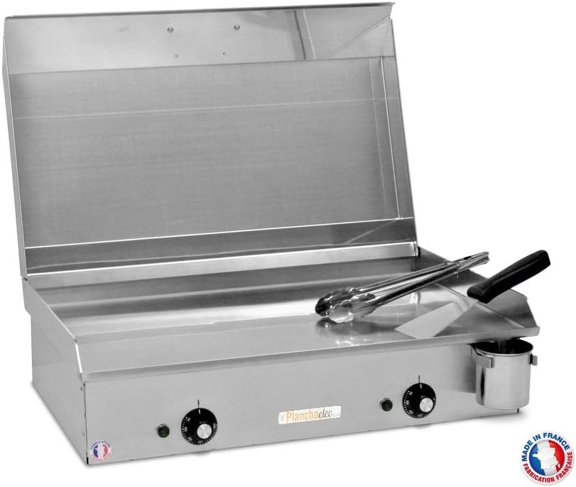PLANCHAELEC - Plancha Electrique NEO E650-2400W - Couvercle + 2 Ustensiles - Inox - Thermostat Réglable - 10 Personnes - Made In France - L65 X P43 X H18 cm