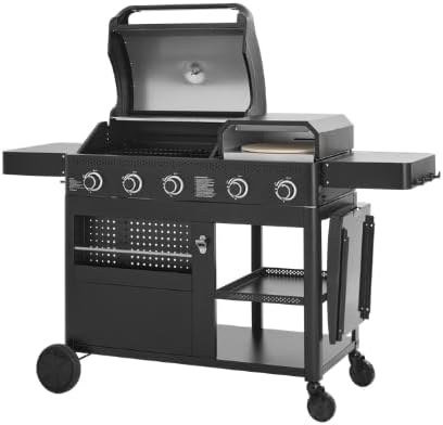 Cook'in Garden - Barbecue Gaz FLAMY, 3 en 1, Plancha + Four à Pizza + barbecue gaz 3 brûleurs, Grilles en fonte émaillée