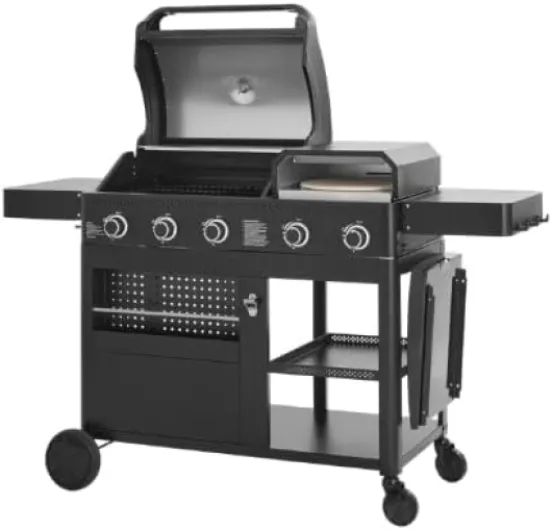 Cook'in Garden - Barbecue Gaz FLAMY, 3 en 1, Plancha + Four à Pizza + barbecue gaz 3 brûleurs, Grilles en fonte émaillée