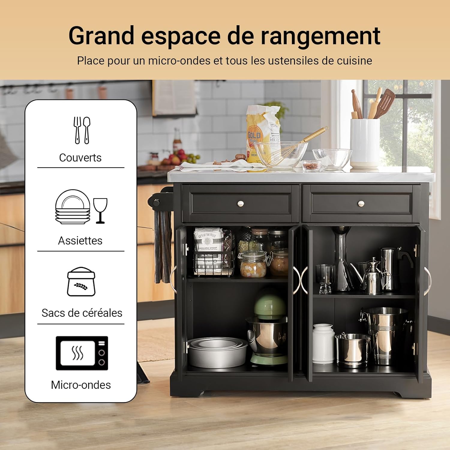 Ilot Central Cuisine avec Rangement et Plan de Travail Pliable desserte Cuisine à roulettes Meuble Cuisine avec Plan de Travail Meuble Cuisine exterieure Noir 115x92x(46-71) cm FKW71-II-SCH