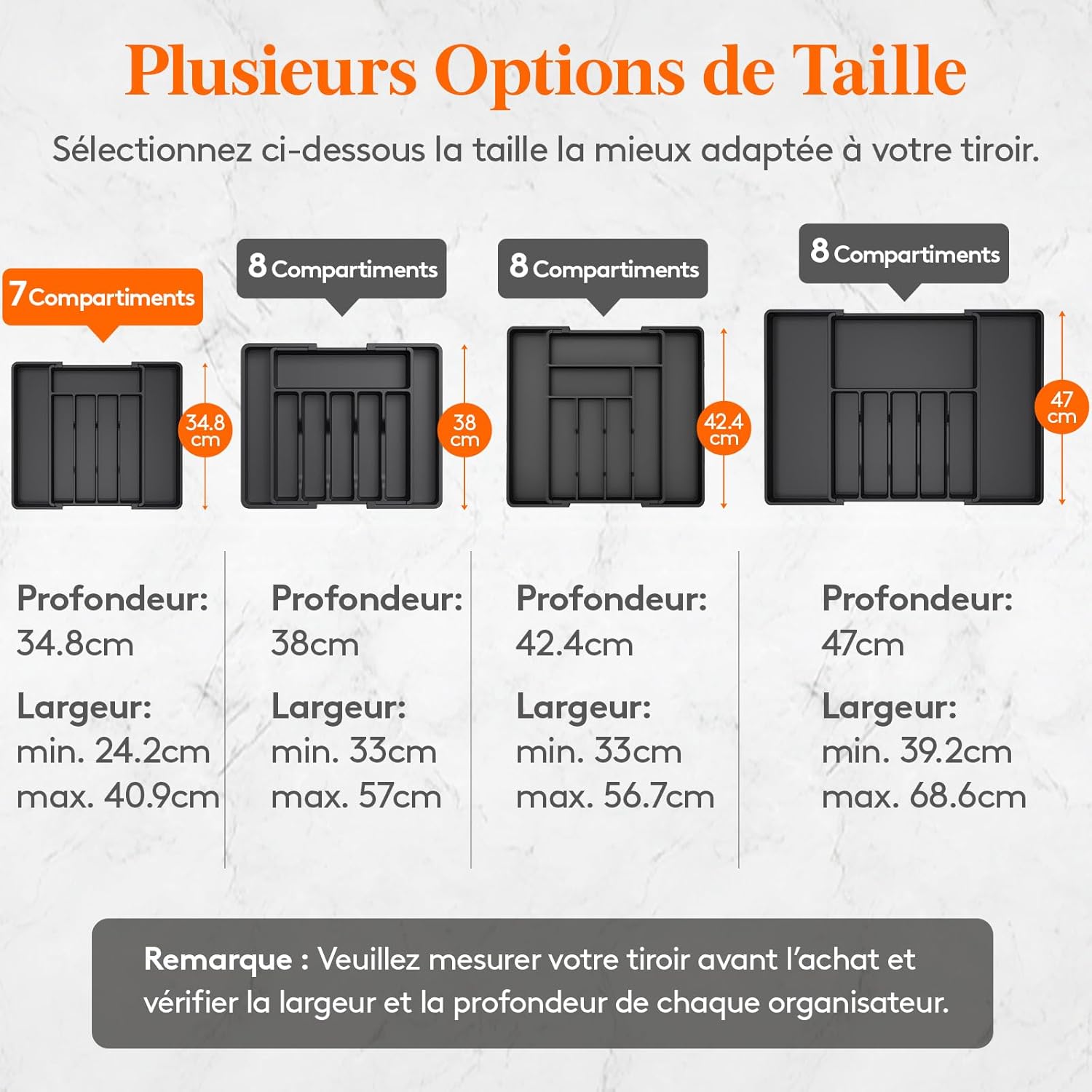 Range Couverts pour Tiroir, Plateau d'Ustensiles Extensible, Organisateur de Cuisine Réglable, Rangement Compact pour Contenir des Cuillères, Fourchettes, 24-41 x 34 cm, Lot de 1,Noir 34cm (Largeur 24-41cm) Noir 1