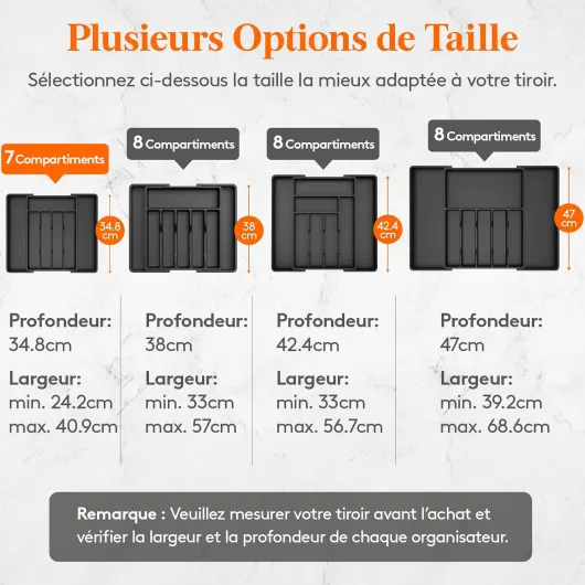 Range Couverts pour Tiroir, Plateau d'Ustensiles Extensible, Organisateur de Cuisine Réglable, Rangement Compact pour Contenir des Cuillères, Fourchettes, 24-41 x 34 cm, Lot de 1,Noir 34cm (Largeur 24-41cm) Noir 1