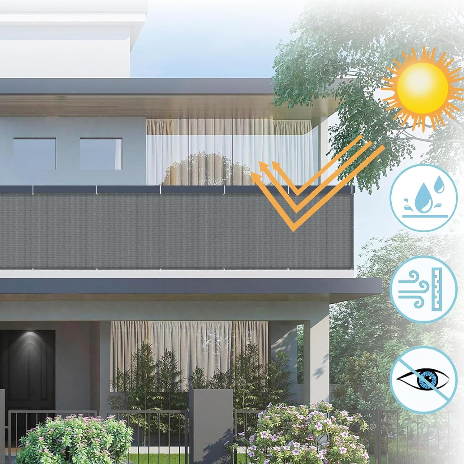 Brise Vue Balcon 90x500cm Imperméable Cache Vue Balcon Protection UV Opaque Résistant aux Contre Vent avec Trous et Serre Câbles pour Exterieur Terrasse-Anthracite 0.9x5m Anthracite