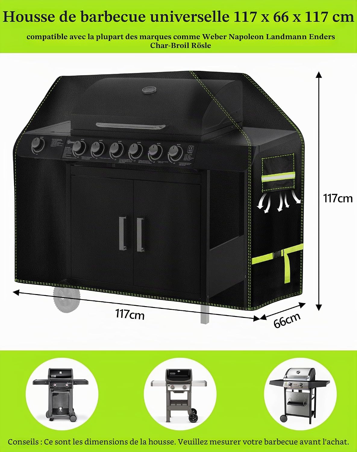 VDISRR Housse Barbecue Exterieur, Résistante de 600D Oxford Housse Plancha Impermeable 117 x 66 x 117 cm Bâche de Protection avec Bouche D'aération Anti-UV/Anti-l'eau/Anti Vent/Antipoussière