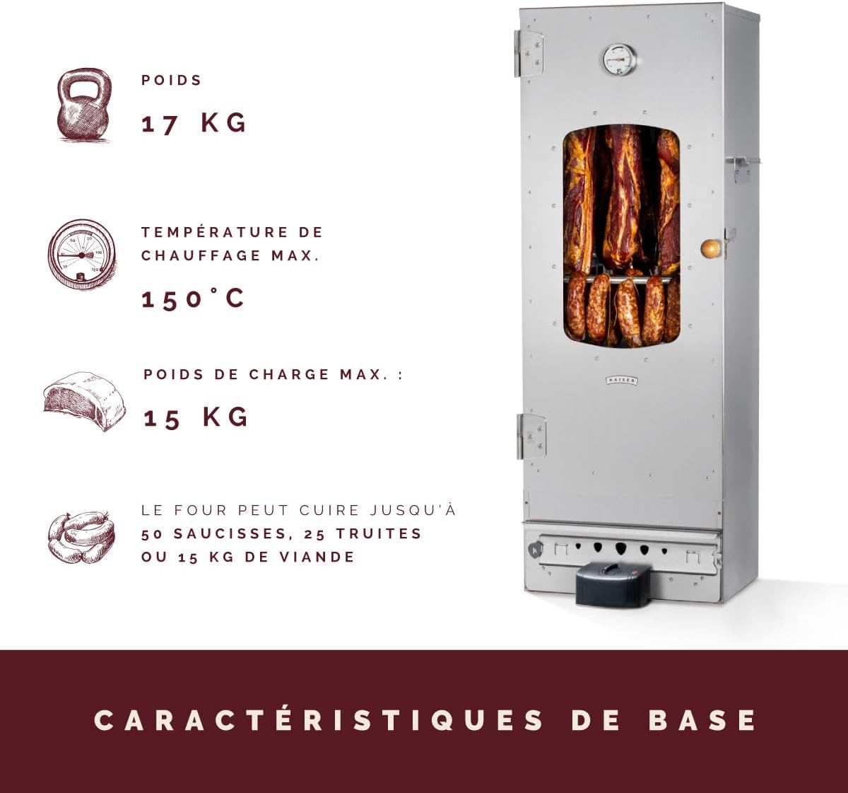 Fumoir électrique de haute qualité KAISER COMPANY '100' l Ce fumoir est fabriqué en acier inoxydable I Fumoir portable de 110 cm I Idéal pour fumer I Il peut accueillir jusqu'à 15 kg de viande