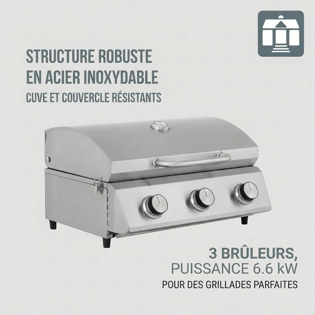 Barbecue à Gaz Portable CATHAN 3 Brûleurs, Acier Inoxydable, 6.6 kW, Couvercle avec Thermomètre, Allumage Piézoélectrique, Argent