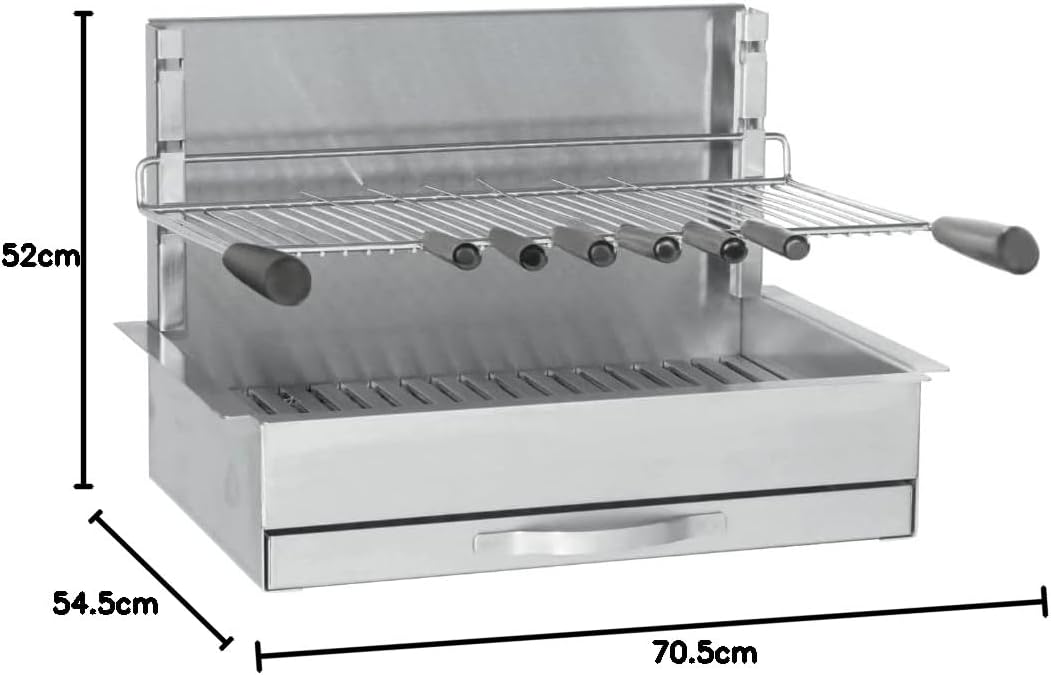 Barbecue Inox 66 cm Charbon de Bois, Gril 961.66 Tout Inox 304, Bac à Braises Horizontal, 8 Brochettes Incluses, À Poser ou Encastrer, Garantie 2 Ans