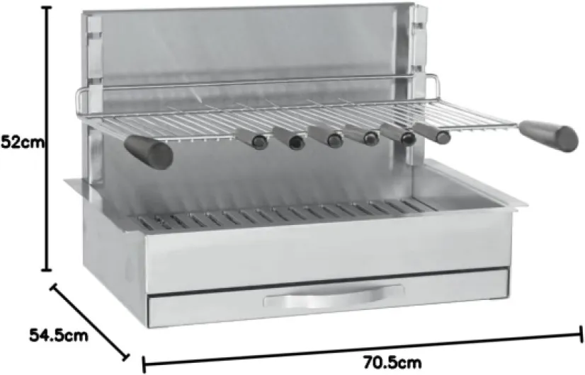 Barbecue Inox 66 cm Charbon de Bois, Gril 961.66 Tout Inox 304, Bac à Braises Horizontal, 8 Brochettes Incluses, À Poser ou Encastrer, Garantie 2 Ans