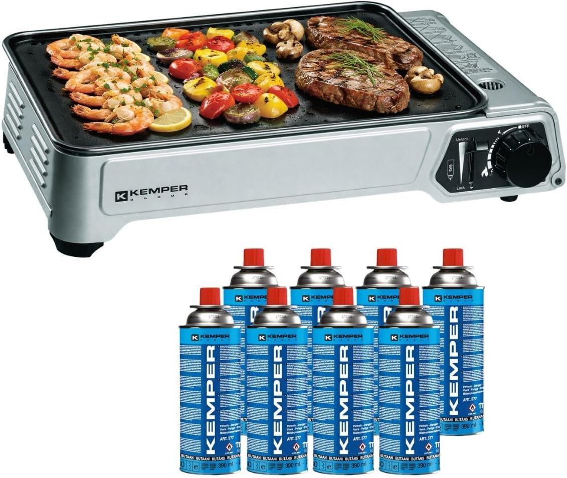 KEMPER - Plancha à gaz portable 2300W + 8 cartouches de gaz + Valise de transport Cuisson extérieure Camping Terrasse Barbecue