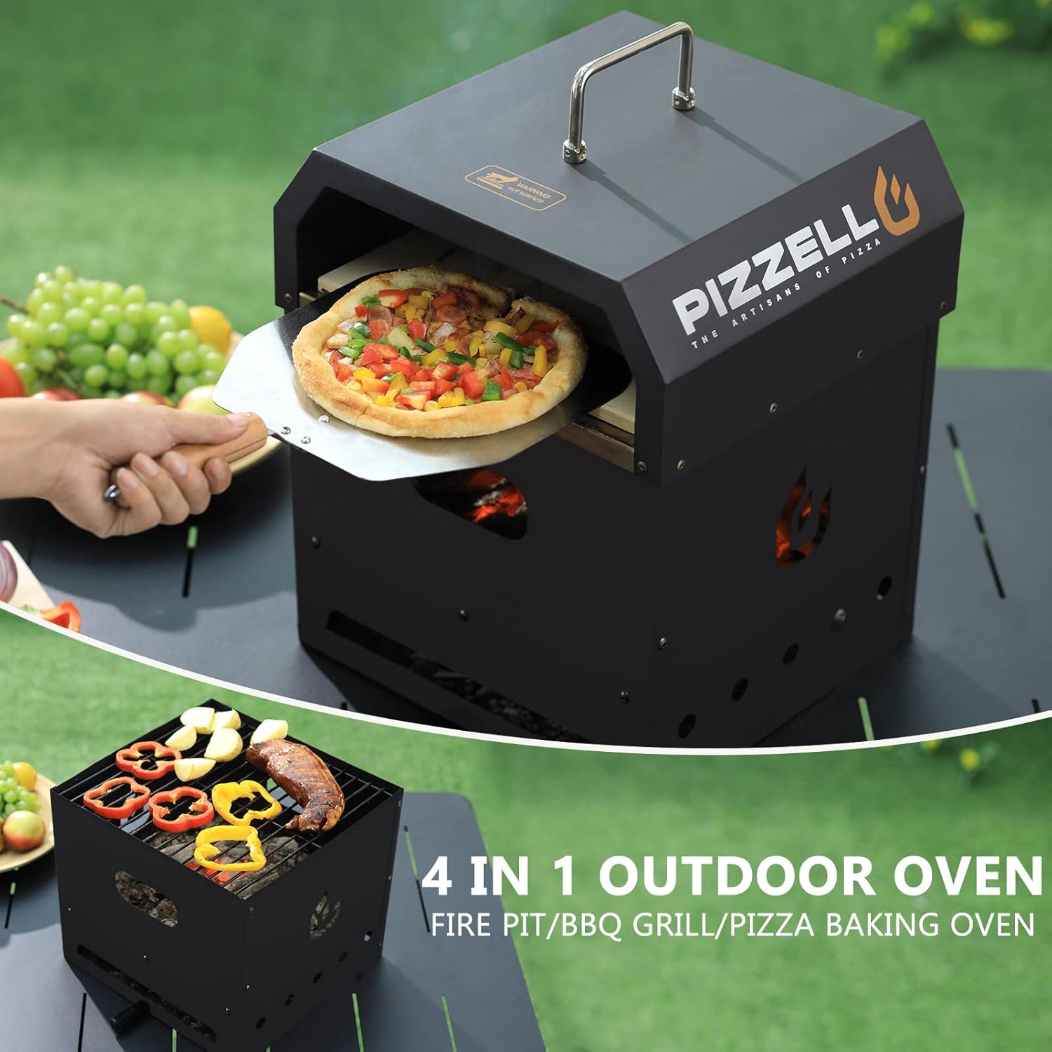 PIZZELLO Four à pizza barbecue granulés de bois 12" fours à pizza d'extérieur avec pierre à pizza, pelle à pizza, coupe-pizza, couvercle, grille de cuisson - Noir 12 pouces
