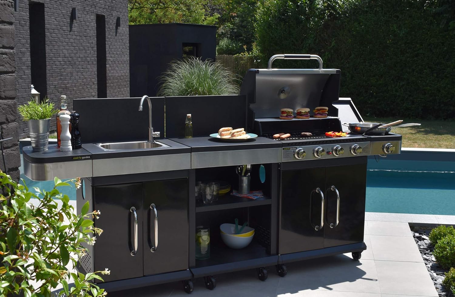Cook’in Garden - Meuble d’Appoint FIDGI avec Évier Intégré, Compatible Barbecue Gaz FIDGI 3 et 4, Meuble sur Roulettes Facile à Déplacer, Rangement Utile, Idéal Terrasse et Jardin, Noir